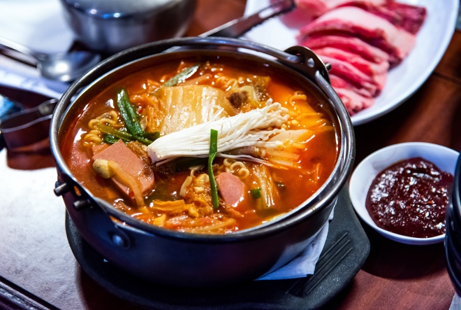 Korean spicy sausage stew with vegetables